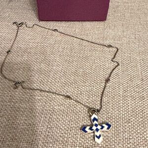 SOLD. Gucci Blue and White Chevron Cross Necklace new